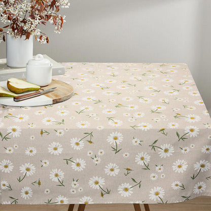 Scattered Daisies Tablecloth , Linen Look Natural , Round Oval Rectange