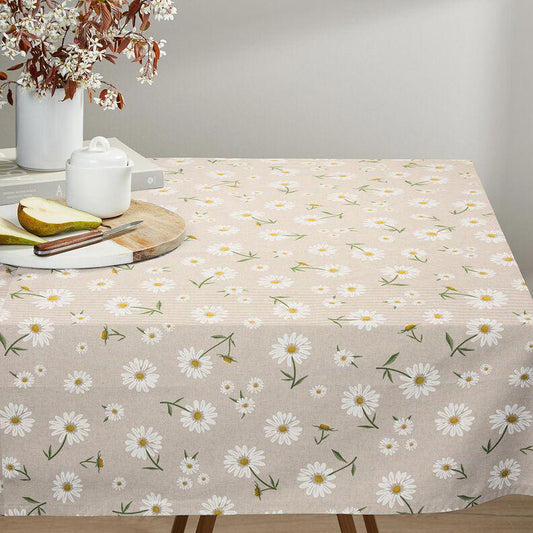 Scattered Daisies Tablecloth , Linen Look Natural , Round Oval Rectange