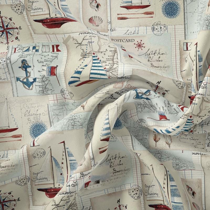 Nautical Postcards Coated Tablecloth , Water Resistant Tablecloths , Teflon Coated Tablecloth , Round Oval Rectangle Tablecloth