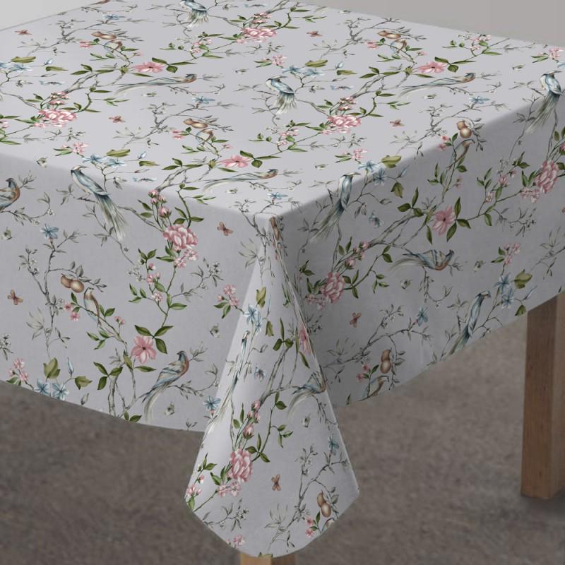 Blossom Birds Floral Coated Tablecloth , Water Resistant Tablecloths , Teflon Coated Tablecloth , Round Oval Rectangle Tablecloth