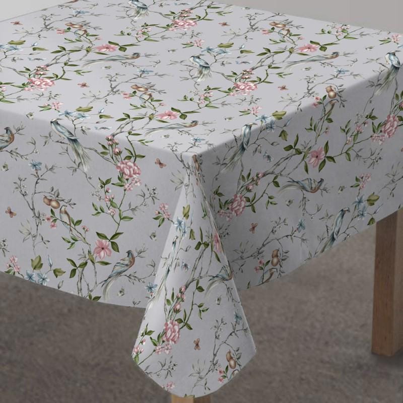 Blossom Birds Floral Coated Tablecloth , Water Resistant Tablecloths , Teflon Coated Tablecloth , Round Oval Rectangle Tablecloth