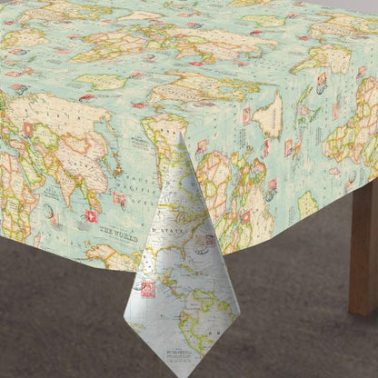 World Map Coated Tablecloth , Soft Water Resistant Tablecloths , Teflon Coated Tablecloth , Round Oval Rectangle Tablecloth