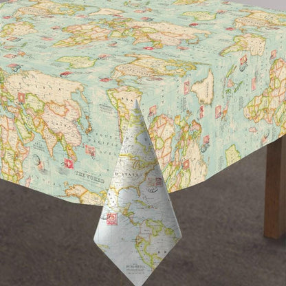 World Map Coated Tablecloth , Soft Water Resistant Tablecloths , Teflon Coated Tablecloth , Round Oval Rectangle Tablecloth