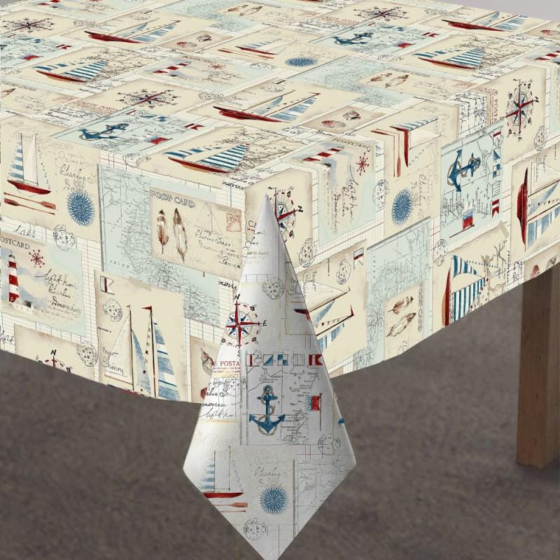Nautical Postcards Coated Tablecloth , Water Resistant Tablecloths , Teflon Coated Tablecloth , Round Oval Rectangle Tablecloth