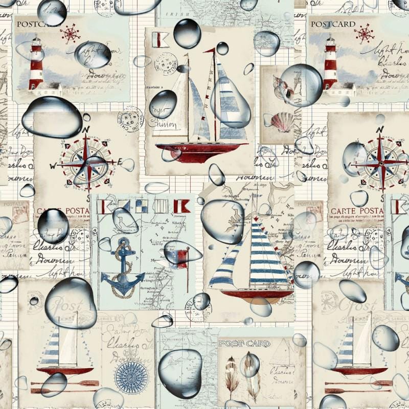 Nautical Postcards Coated Tablecloth , Water Resistant Tablecloths , Teflon Coated Tablecloth , Round Oval Rectangle Tablecloth