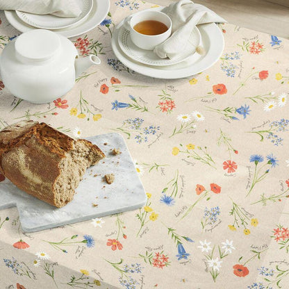 Alpine Flowers Natural Blue Tablecloth , Linen Look Tablecloth , Round Tablecloth , Oval Tablecloth , Rectange Tablecloth