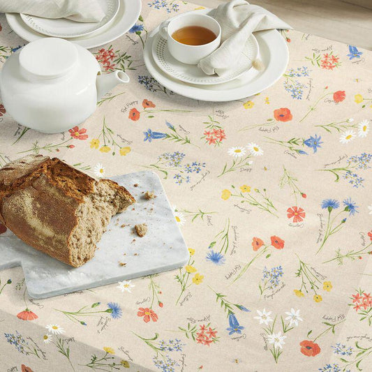 Alpine Flowers Natural Blue Tablecloth , Linen Look Tablecloth , Round Tablecloth , Oval Tablecloth , Rectange Tablecloth