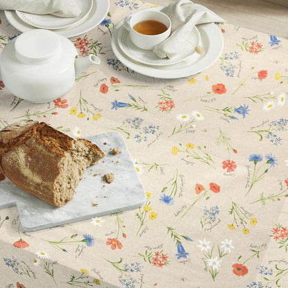 Alpine Floral Tablecloth, Natural Blue Linen Look, Handmade in UK