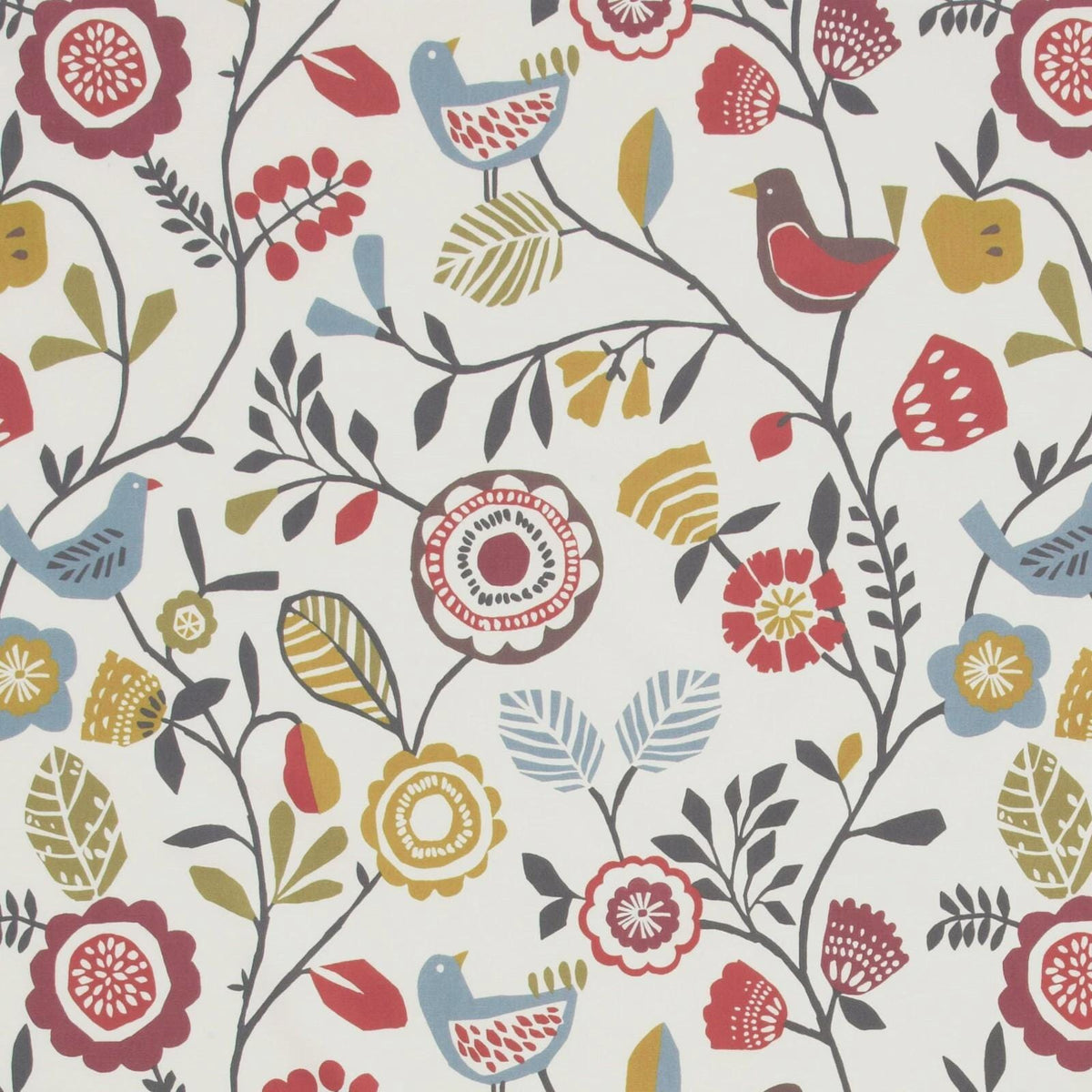 Scandi Bird Floral Folki Indigo Cranberry Cushion Cover