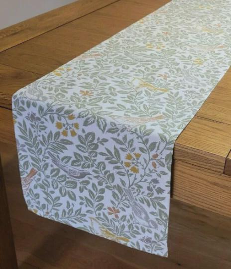 Bird Song Autumn Table Runner, Sage Green Floral Decor, Handmade UK