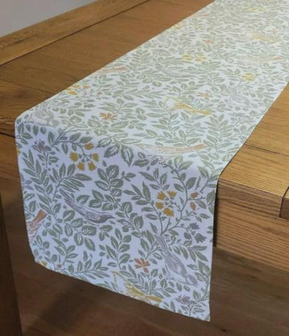 Bird Song Autumn Table Runner, Sage Green Floral Decor, Handmade UK