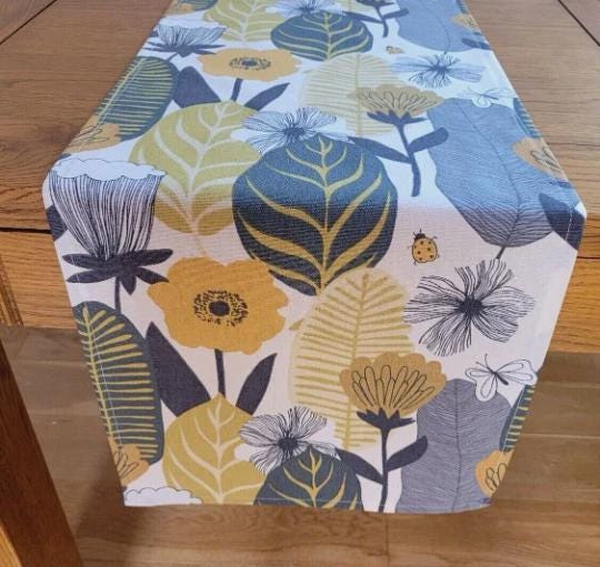 Blooma Floral Leaves Table Runner , Saffron Yellow Table Runner , Table Decoration , Autumn Table Runner , Various Size