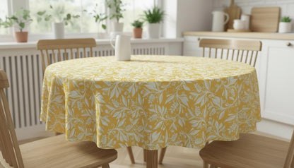 Floral Leaves Oxford Cotton Tablecloth , Ochre Yellow , Oval Round Rectangle