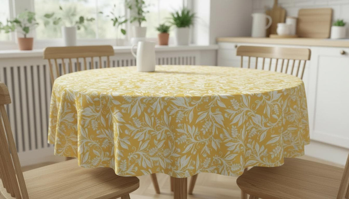 Floral Leaves Oxford Cotton Tablecloth , Ochre Yellow , Oval Round Rectangle