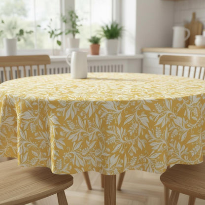 Floral Leaves Oxford Cotton Tablecloth , Ochre Yellow , Oval Round Rectangle