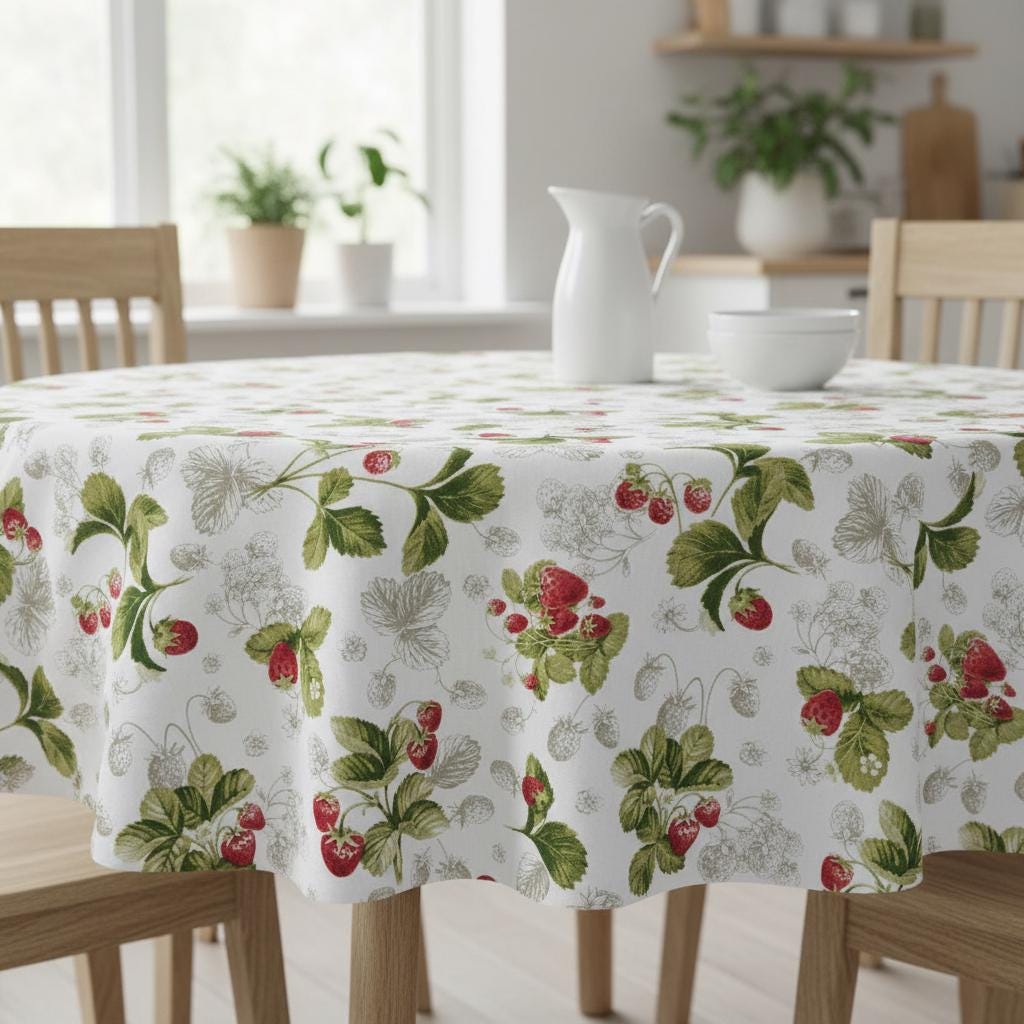 Round Strawberry Print Tablecloth, Handmade Cotton , Square, Oval, Rectangle