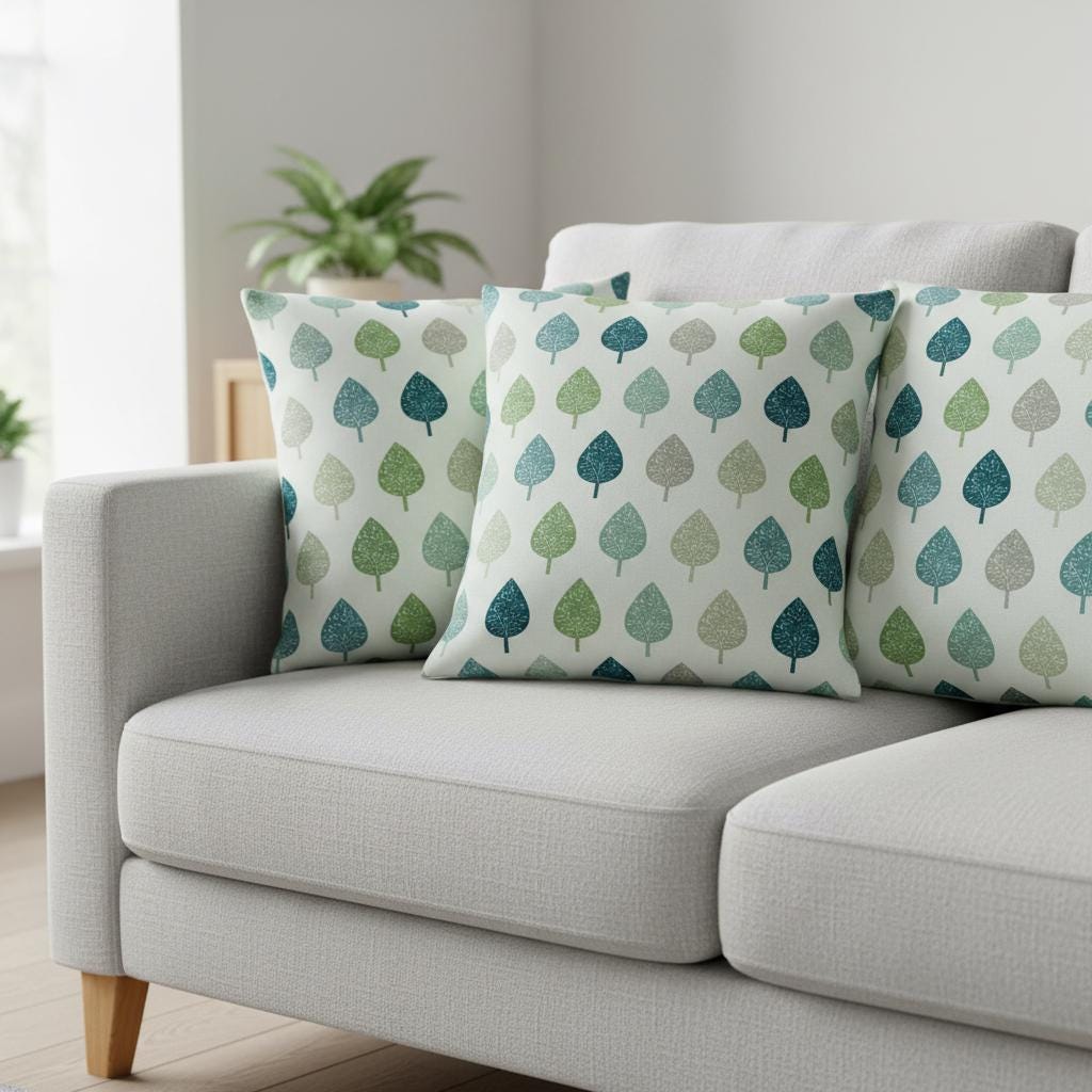 Symmetrical Leaf Leaves Teal Green Cushion Cover, Handmade Cotton Throw Pillow