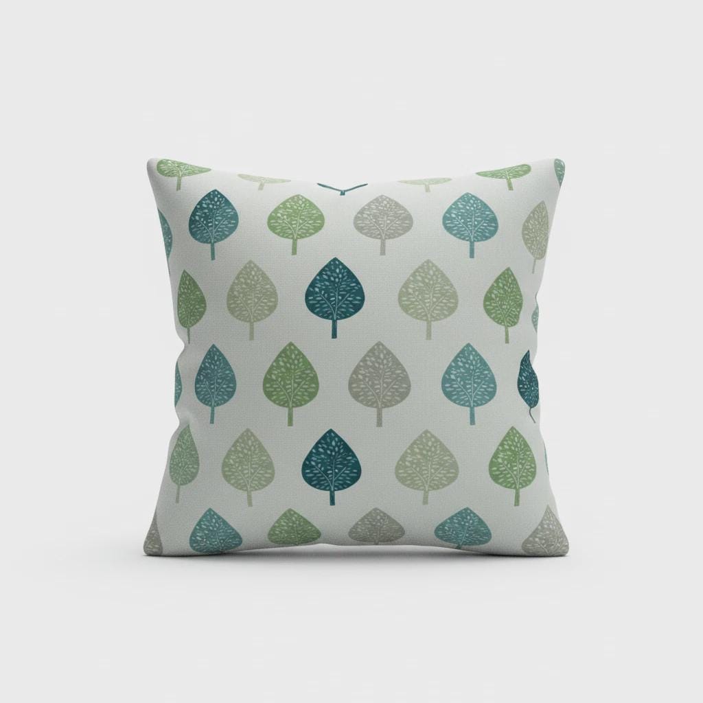 Symmetrical Leaf Leaves Teal Green Cushion Cover, Handmade Cotton Throw Pillow