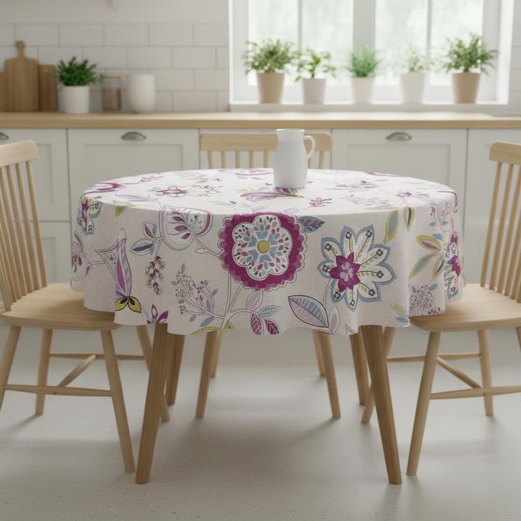 Round Floral Cotton Tablecloth, Retro Octavia Damson Purple, Handmade UK