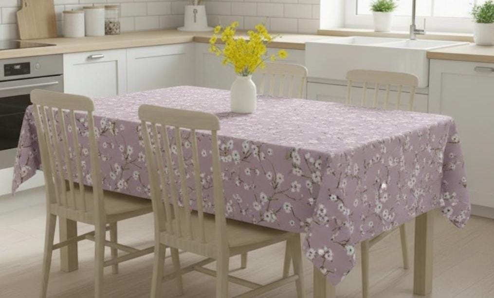 Japanese Cherry Blossom Tablecloth, Emi Heather Purple, 100% Cotton, Handmade in UK