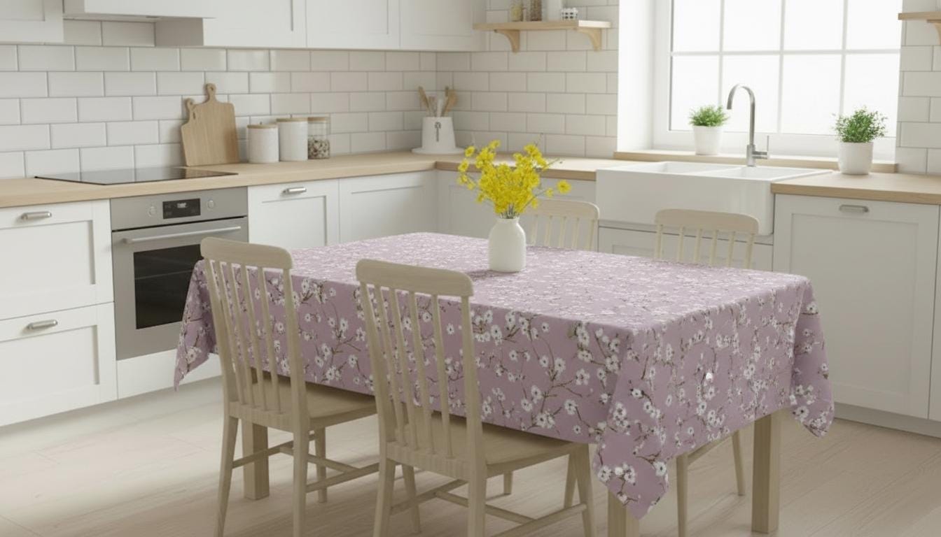 Japanese Cherry Blossom Tablecloth, Emi Heather Purple, 100% Cotton, Handmade in UK