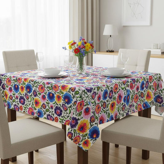 Scandi Floral Tablecloth, Colorful Cotton Print, Handmade in UK