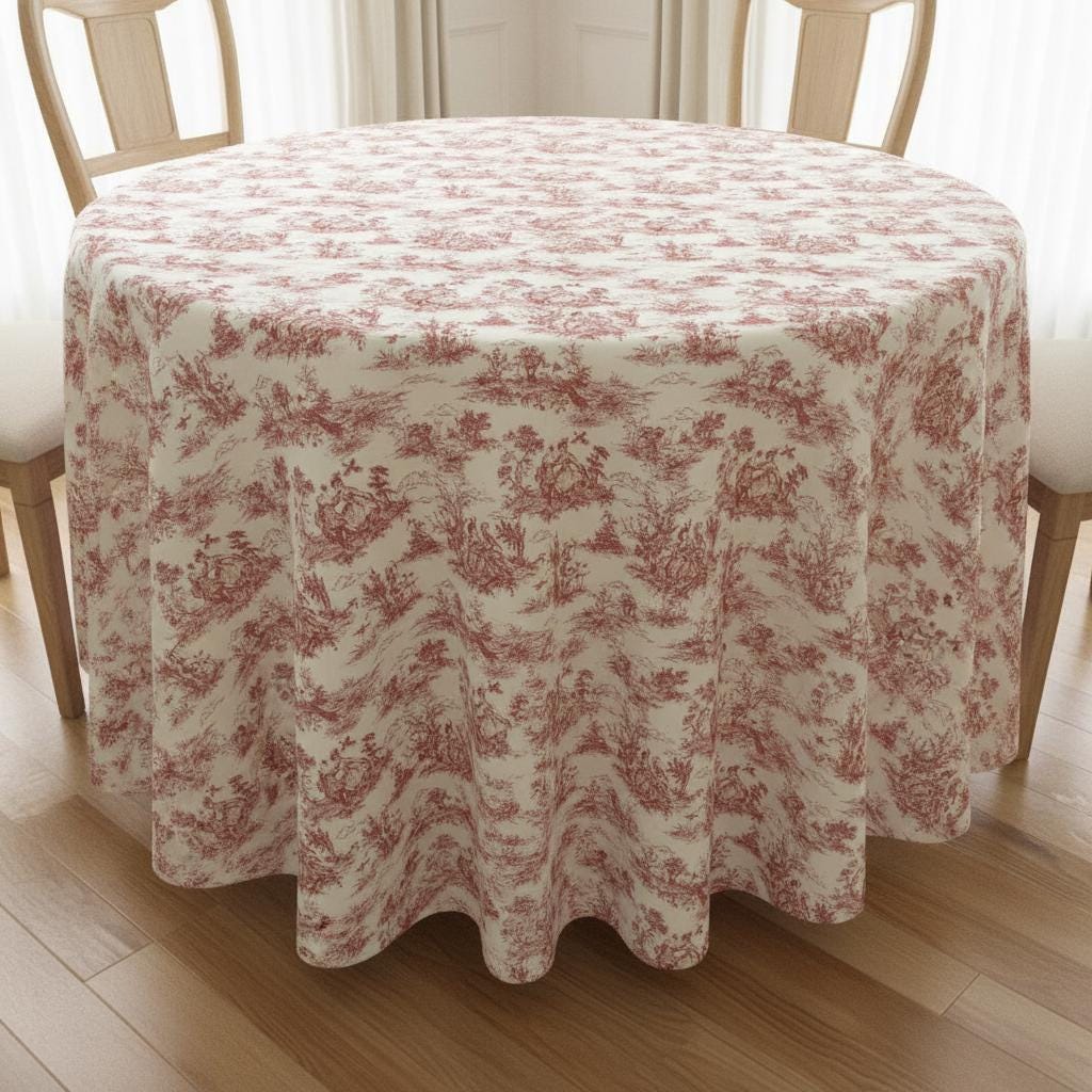 Red Toile De Jouy Tablecloth, French Vintage Style, Handmade