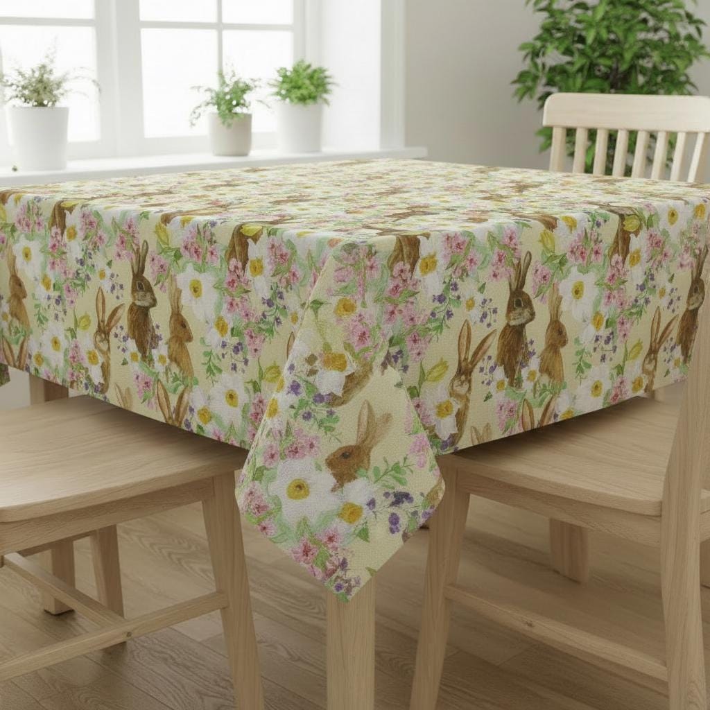 Easter Bunny Floral Tablecloth, Handmade Cotton, UK Made
