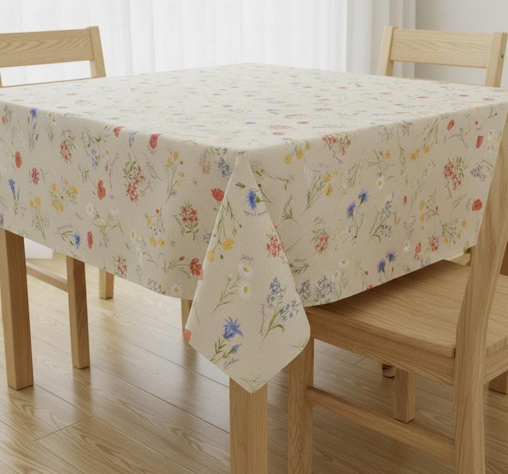 Alpine Floral Tablecloth, Natural Blue Linen Look, Handmade in UK
