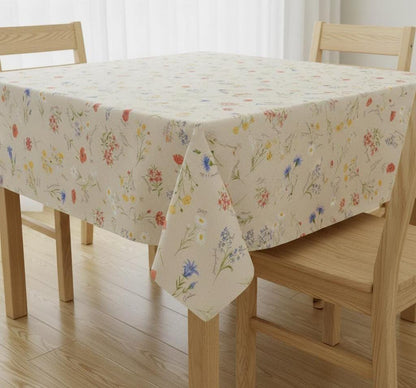 Alpine Floral Tablecloth, Natural Blue Linen Look, Handmade in UK