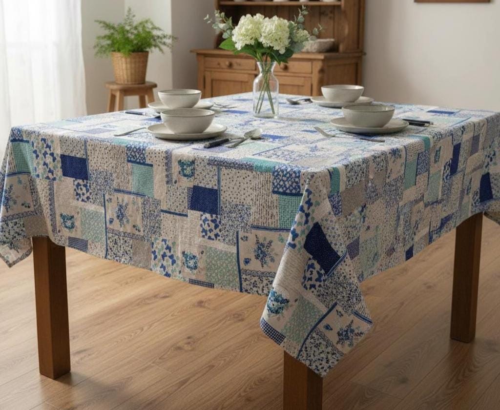 Floral Patchwork Tablecloth, Blue Vintage Cotton Linen