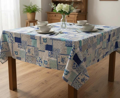 Floral Patchwork Tablecloth, Blue Vintage Cotton Linen