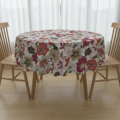 Round Floral Wildflower Tablecloth, Pomegranate Red, Handmade UK