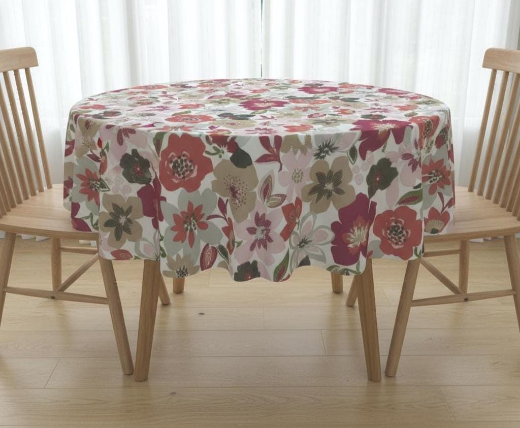 Round Floral Wildflower Tablecloth, Pomegranate Red, Handmade UK