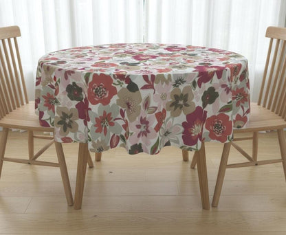 Round Floral Wildflower Tablecloth, Pomegranate Red, Handmade UK