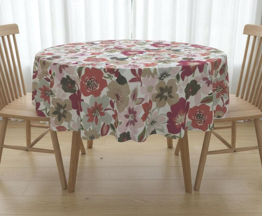 Round Floral Wildflower Tablecloth, Pomegranate Red, Handmade UK