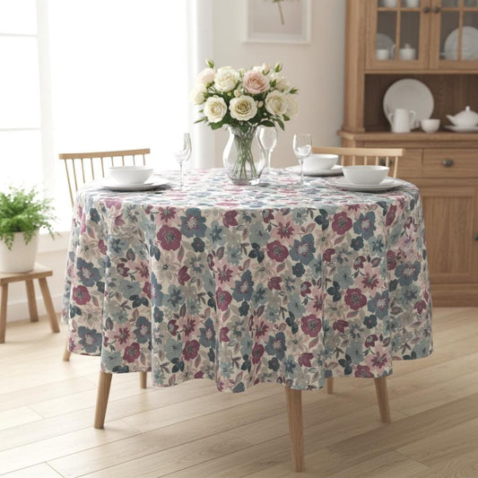 Round Wildflower Floral Tablecloth , Purple Blue Flowers , Handmade UK