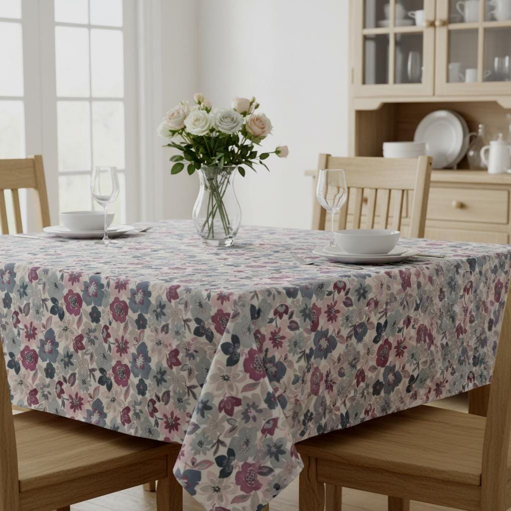 Floral Wildflower Tablecloth , Purple & Blue, Handmade UK