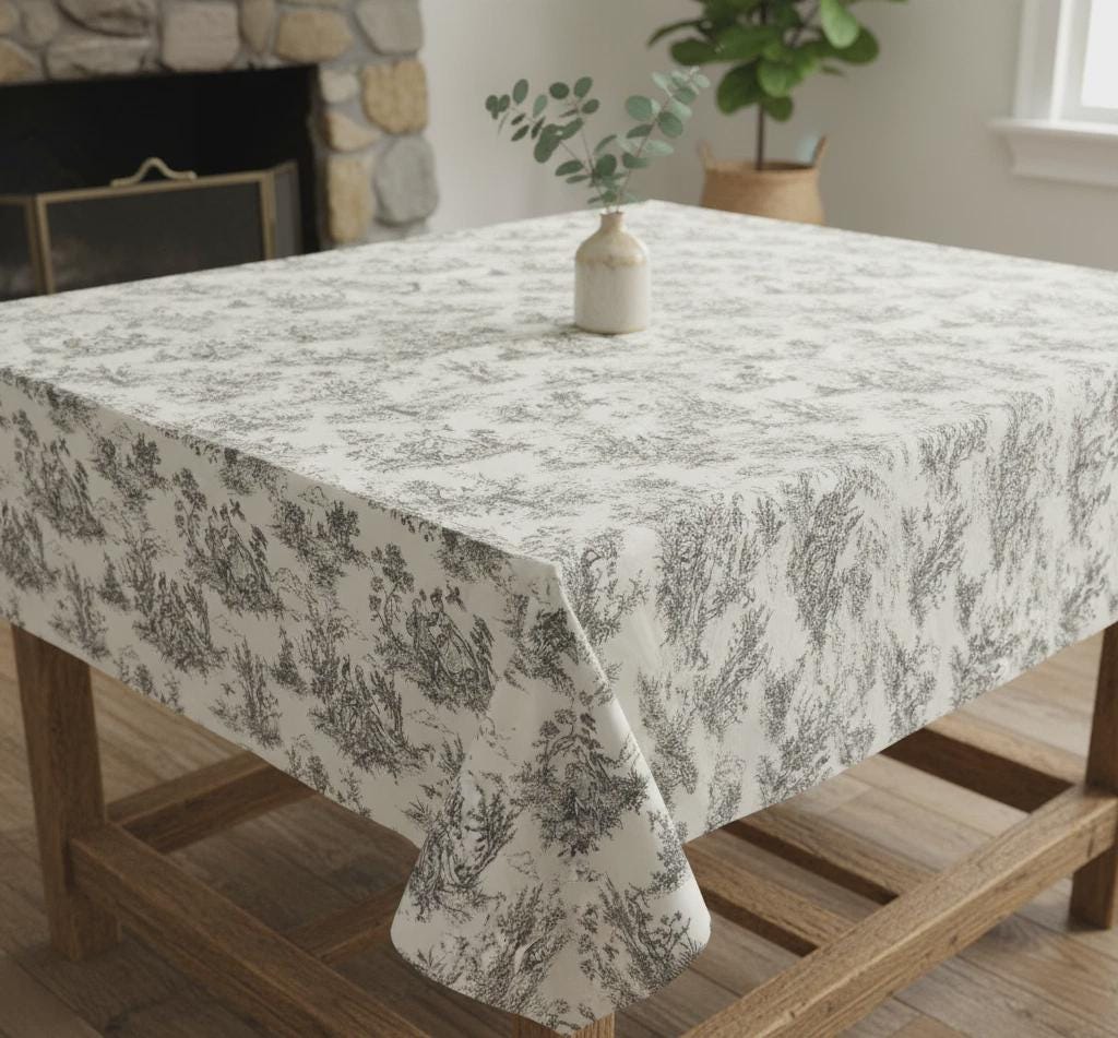 Vintage Black Toile De Jouy Tablecloth: French Country Cotton Blend