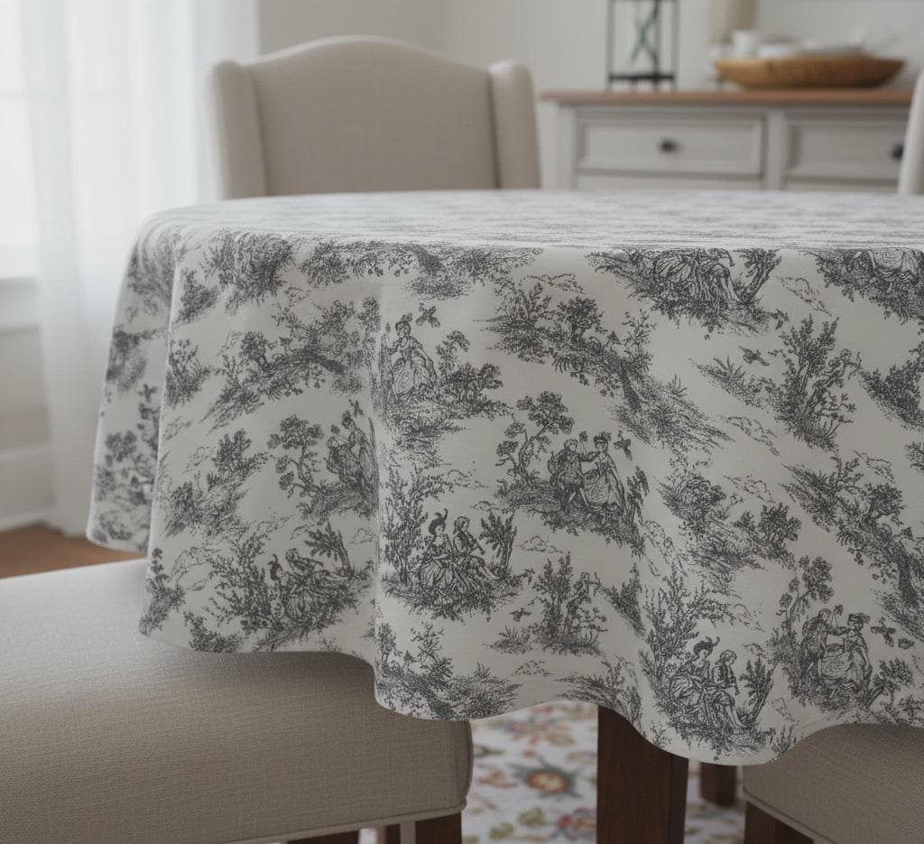 Vintage Toile De Jouy Tablecloth: French Linen, Handmade in UK