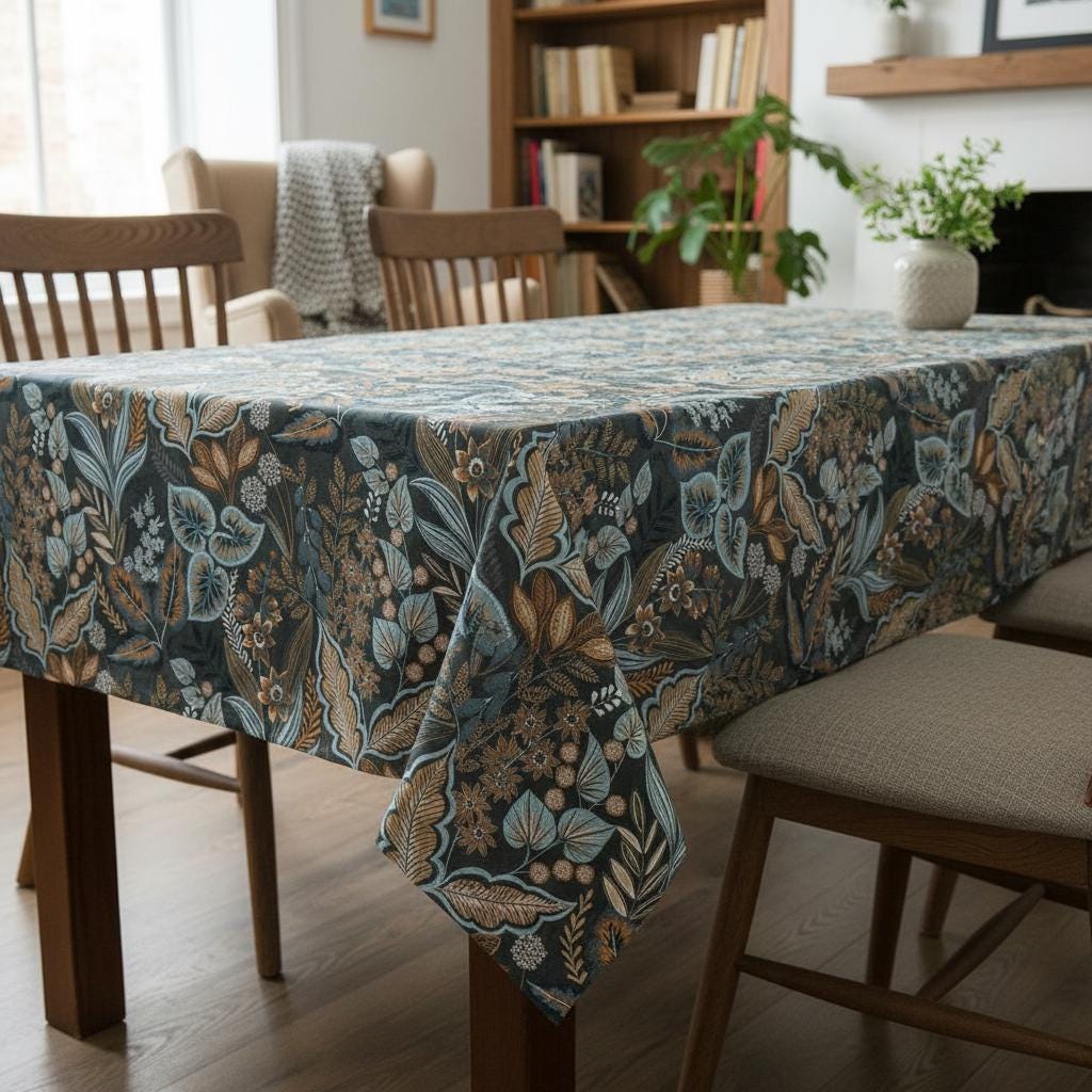 Paisley Leaves Blue Grey Tablecloth , Floral Round Oval Rectangle Tablecloth