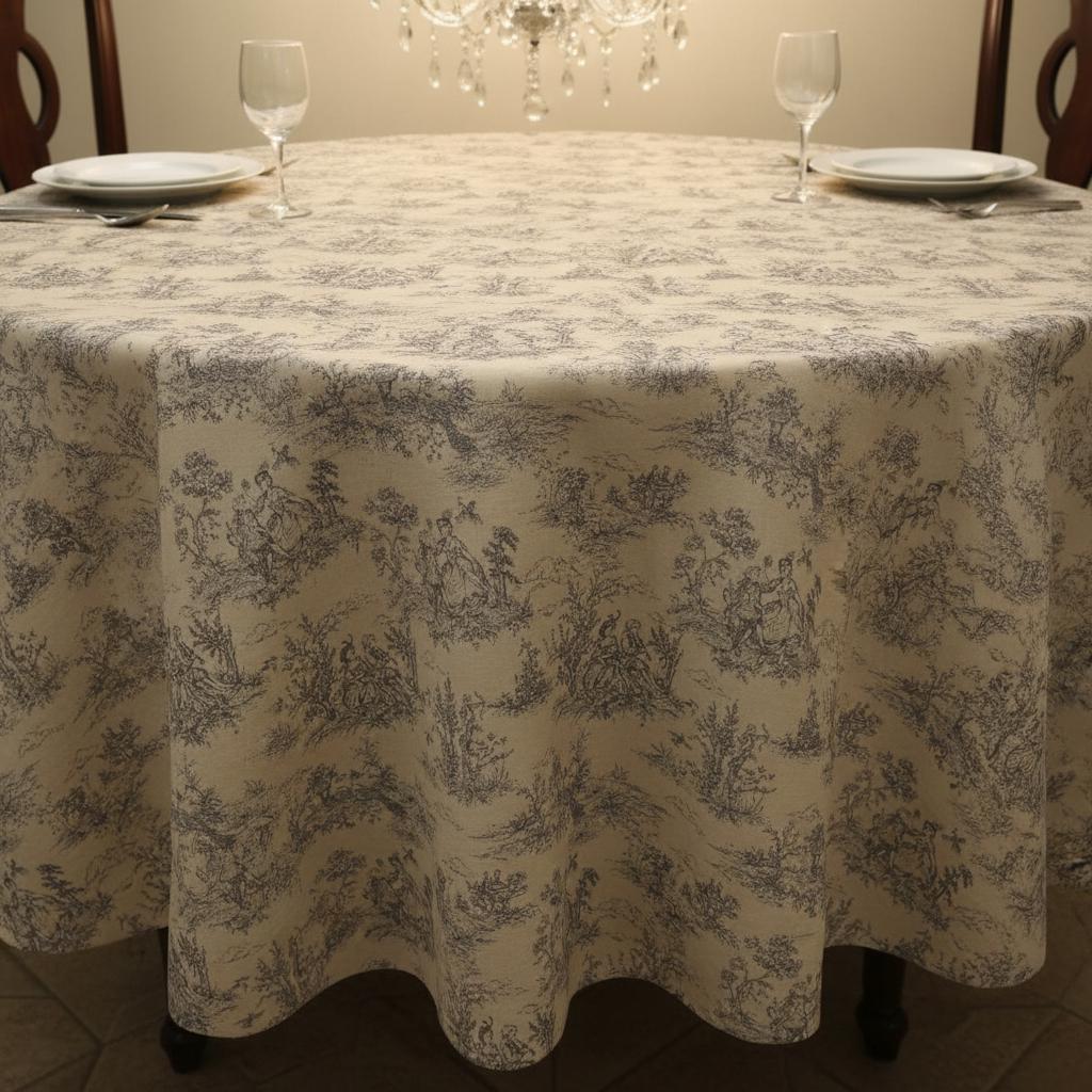 Vintage Grey Toile De Jouy Tablecloth, French Country Cotton Blend