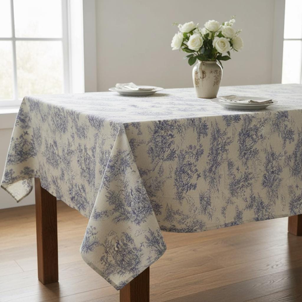 Toile de Jouy Tablecloth Blue , Vintage French Country Table Cloth , Handmade UK