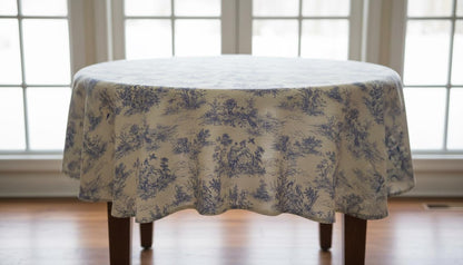 Toile de Jouy Tablecloth Blue , Vintage French Country Table Cloth , Handmade UK