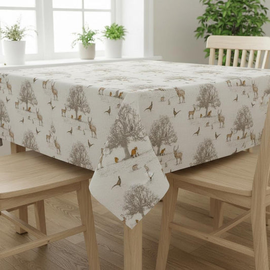 Tatton Autumn Wildlife Tablecloth, Cotton Linen Look, Handmade