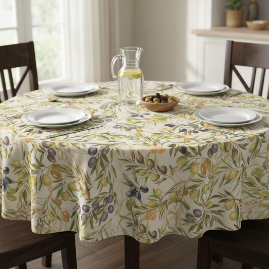 Olive Branch Natural Tablecloth, Linen Look Cotton Blend, Handmade in UK