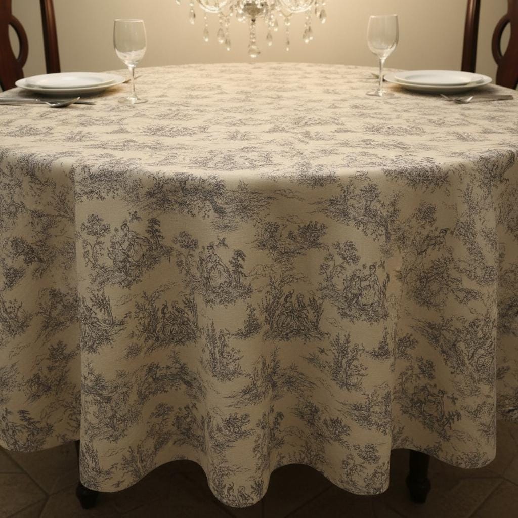 Oval Toile De Jouy Tablecloth , Vintage Tablecloth , French Tablecloth , Linen Tablecloth , Round Tablecloth , Round Tablecloth