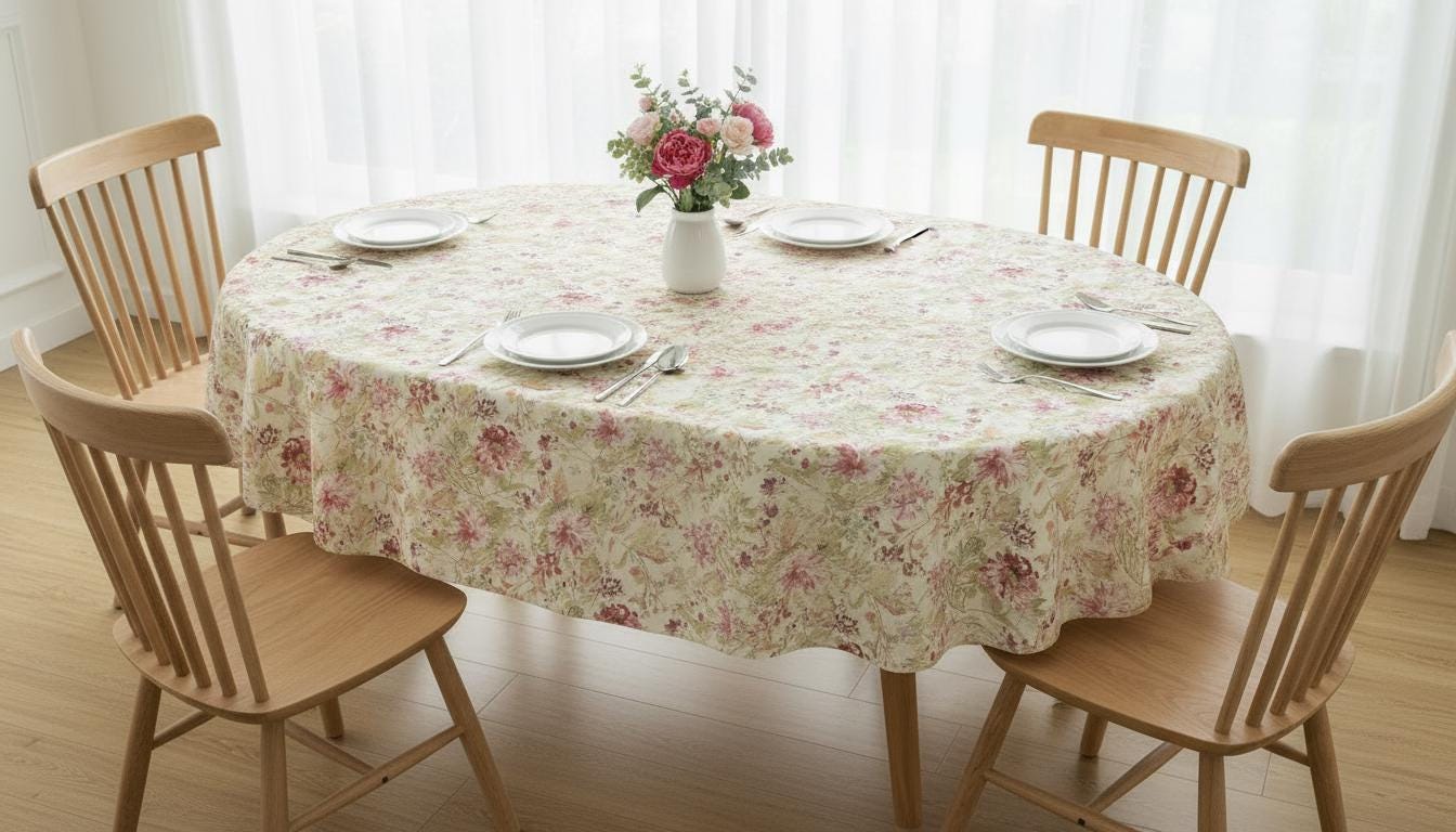 Round Watercolour Flowers Tablecloth , Light Beige Raspberry Tablecloth , Round Tablecloth , Oval Tablecloth , Rectangle Square Tablecloth