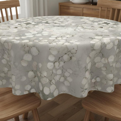 Honesty Leaves Grey Tablecloth , Scandi Botanical Leaf Print Table Cloth , Round Oval Rectangle