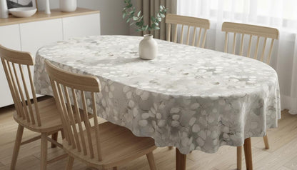 Honesty Leaves Grey Tablecloth , Scandi Botanical Leaf Print Table Cloth , Round Oval Rectangle